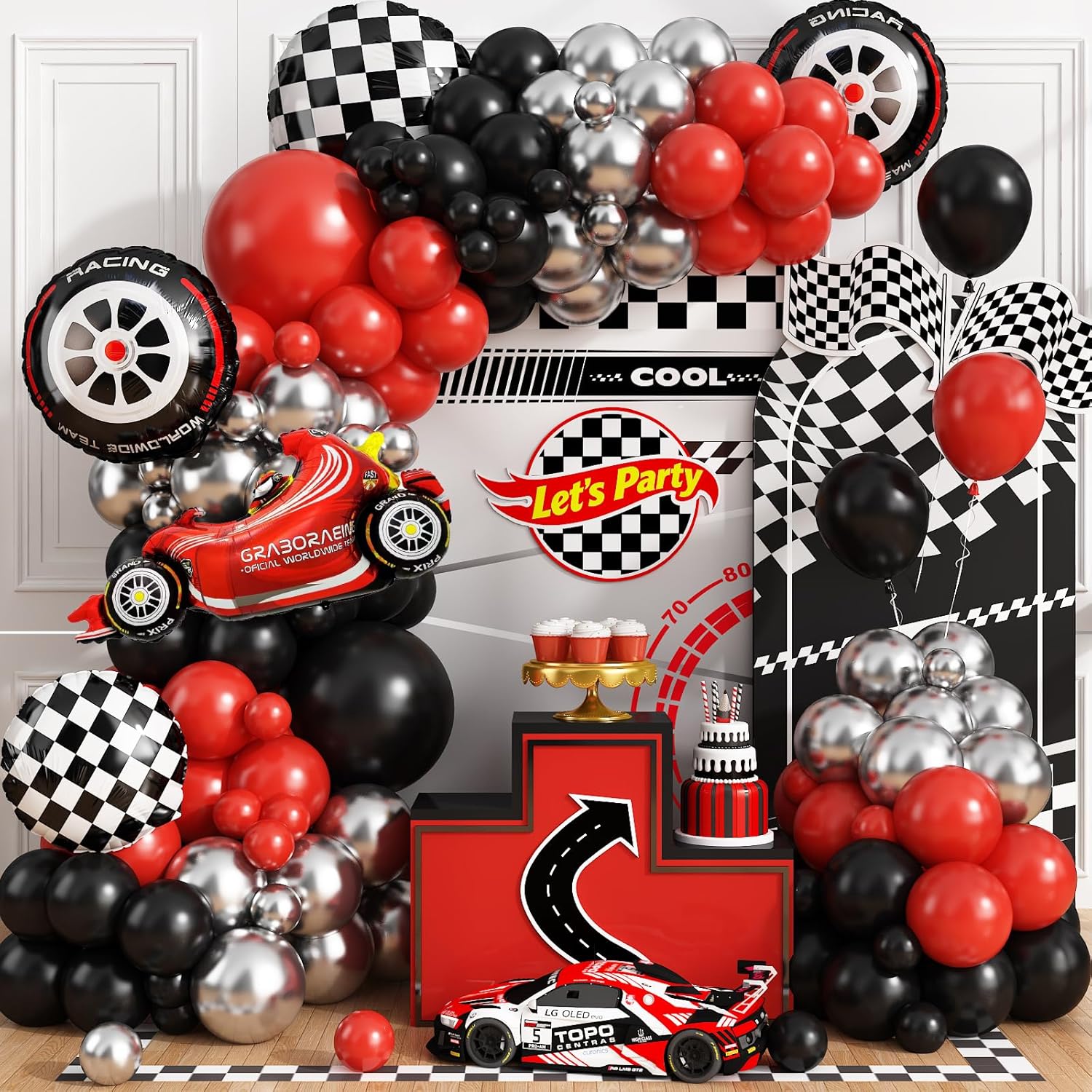 Lighting Mcqueen Birthday Decor - Kit d'arche de ballons à carreaux